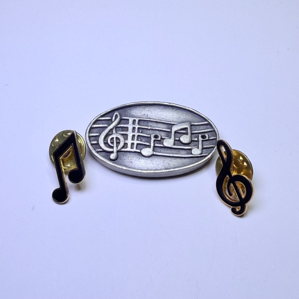 Vintage JJ Pewter Music Staff Pin & Enamel Treble Clef Note Pins Set 3pc
